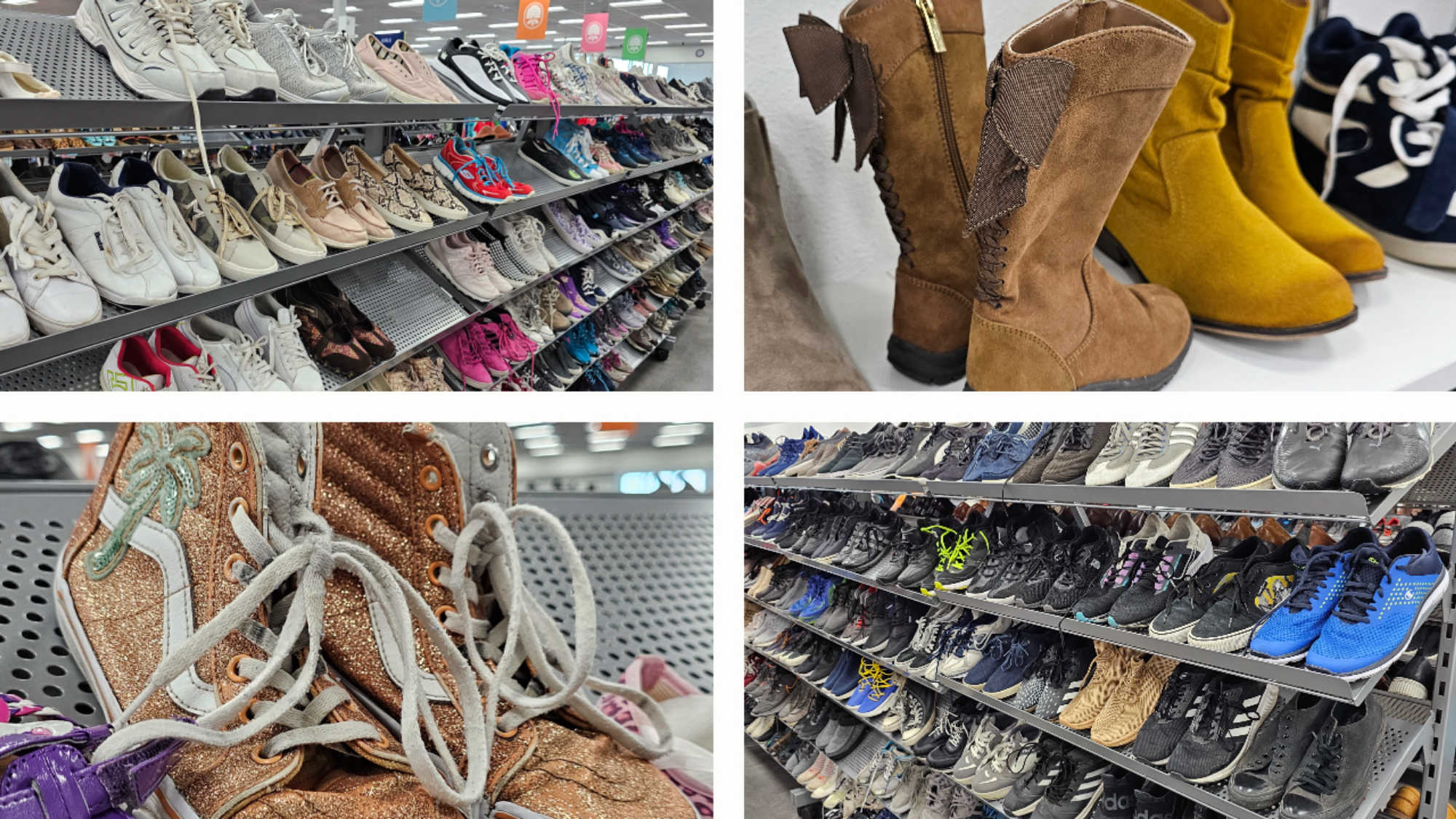 A collage of images showing shelves of shoes and individual pairs of shoes available at Deseret Industries.